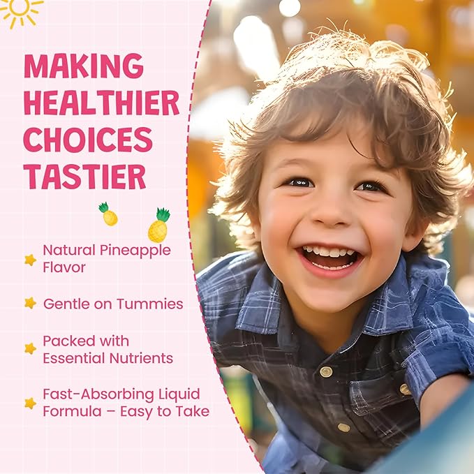 Liquid Iron Supplement for Kids, Women & Men - with Calcium, Zinc, Kids Multivitamin with Iron Drops - Blood Builder & Energy Support for Iron Deficiency, Anemia, Pineapple Flavor 2 Fl Oz