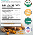 Organic Turmeric Ginger Black Pepper Supplement - High Potency Organic Turmeric Curcumin Capsules with Ginger & Black Pepper for Enhanced Benefits and Absorption - Vegan & Non-GMO (2 Month Supply)