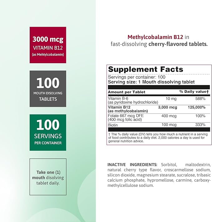 Vitamin B12 Methylcobalamin 3000 mcg – Fast Dissolve Vitamin B12 Sublingual Tablets, Methylated B12 & Folate, Natural Cherry Flavor – 100 Tablets