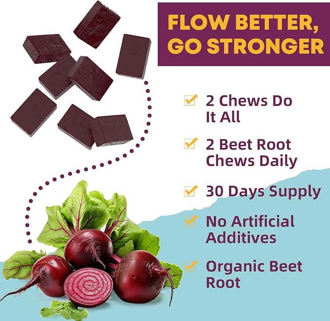 Organic Beet Root Chews Supplements: Beet soft Chews for Women Men Support Blood & Heart Health Nitric Oxide Boost with Grape Seed Extract CoQ10, Beet Root Gummies Vegan Non-GMO Berry Flavor 60CT