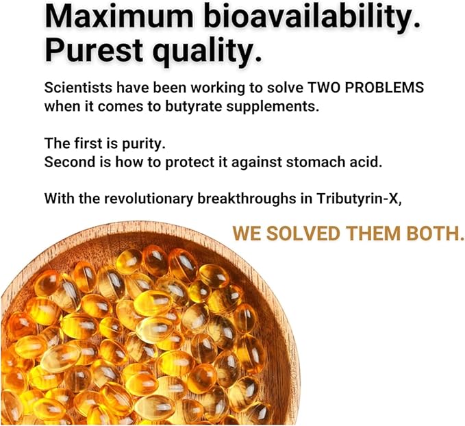 Healthy Gut Tributyrin-X | Most Bioavailable Butyrate Postbiotic for Gut Health & Leaky Gut Support | 99% Pure w/Zero Odor | 30 Softgels