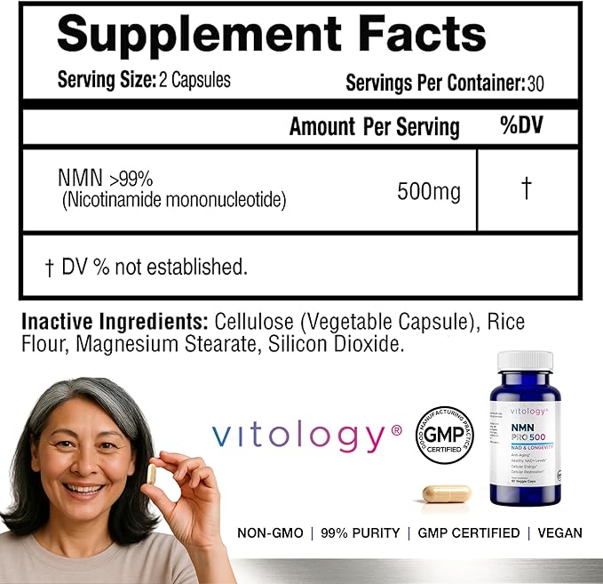 NMN-PRO 500mg – Pure NMN Supplement 99%+ High Purity Nicotinamide Mononucleotide – Supports NAD+ Levels, Cellular Energy, Healthy Aging, DNA Repair & Longevity – 60 Capsules