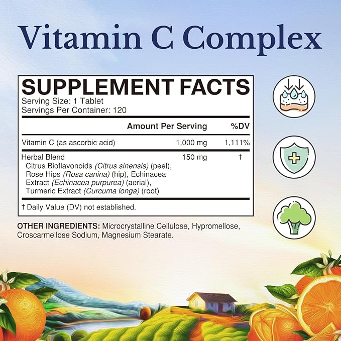 Vitalitown Vitamin C Complex 1000mg with Rose HIPS, Bioflavonoids, Turmeric & Echinacea, Daily Immune Support, Collagen Booster & Powerful Antioxidant, Vegan, 120 Tablets