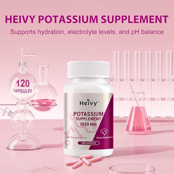Heivy Potassium Supplement 1020 mg, Potassium Bicarbonate, Supports Electrolyte Balance, Muscle Function & Heart Health, Made in USA, Gluten Free, Non-GMO, 120 Vegetarian Capsules