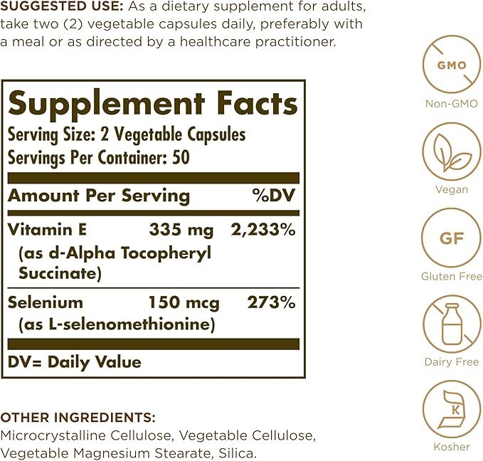 Solgar Dry Vitamin E with Yeast-Free Selenium - 100 Vegetable Capsules - Advanced Antioxidant Support - Non-GMO, Vegan, Gluten Free, Dairy Free, Kosher - 50 Servings