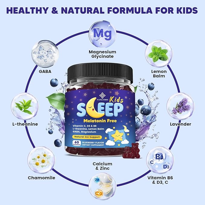 Kids Sleep Gummies Melatonin Free - with Magnesium Glycinate, Lemon Balm, L-Theanine & GABA - Calming Relaxation, Support Natural Sleep, Quiet Mind - Berry Flavor, Non-Habit Forming