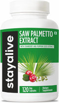 STAY ALIVE Saw Palmetto Extract Capsules w/Cranberry & Pumpkin Seed Oil, 120 Vegan Pills, Extra Strength Saw Palmetto for Men and Women, Non-GMO, Gluten-Free Pumpkin Seed Supplement