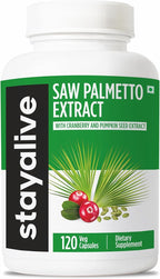 STAY ALIVE Saw Palmetto Extract Capsules w/Cranberry & Pumpkin Seed Oil, 120 Vegan Pills, Extra Strength Saw Palmetto for Men and Women, Non-GMO, Gluten-Free Pumpkin Seed Supplement