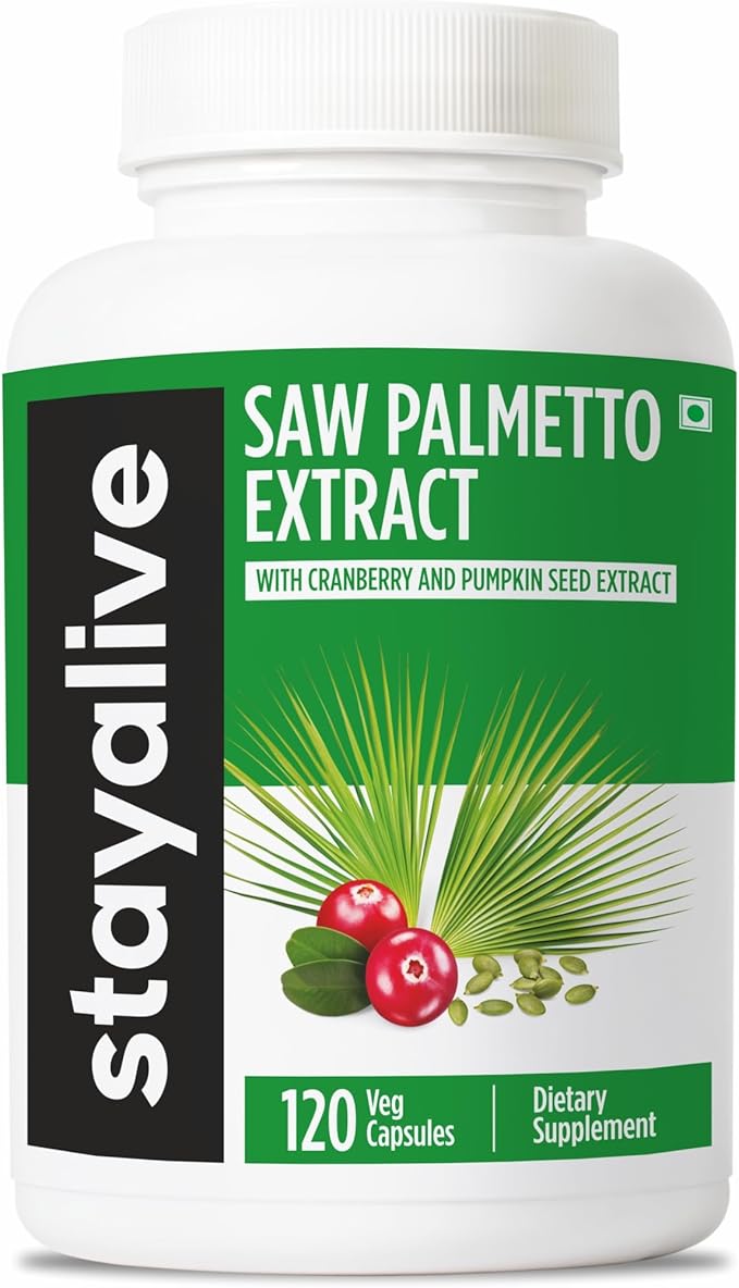 STAY ALIVE Saw Palmetto Extract Capsules w/Cranberry & Pumpkin Seed Oil, 120 Vegan Pills, Extra Strength Saw Palmetto for Men and Women, Non-GMO, Gluten-Free Pumpkin Seed Supplement