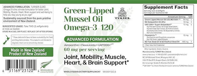 TURNER New Zealand Green Lipped Omega-3 Mussel Oil, 53x Higher Potency with UAF1000+ Super Antioxidant for Superior Joint Comfort & Mobility, No Fishy Aftertaste, 1 Bottle, 120 Softgels