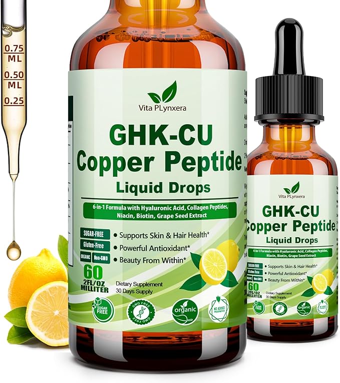 Vita PLynxera GHK-CU Peptide Supplement Liquid Drops, Premium 6-in-1 GHK CU Copper Peptides w. Marine Collagen Hyaluronic Acid Biotin for Anti-Aging, Skin Hair Growth Support, Oral Drops丨Women Men