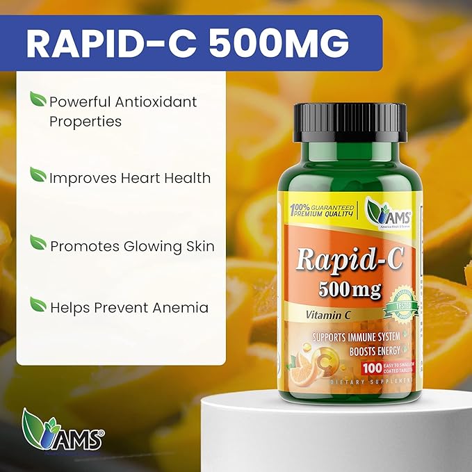 America Medic & Science Rapid-C 500mg Vitamin C Supplement 500 Tablets (5 Pack of 100 Tablets) Daily Immune System Support, Antioxidant | Vegan, Non-GMO Coated Ascorbic Acid for Adult Men & Women