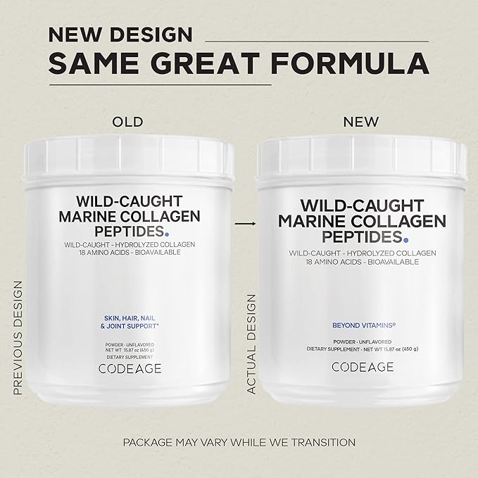 Codeage Marine Collagen Powder - Wild-Caught Hydrolyzed Fish Collagen Peptides - Type 1 & 3 Collagen Protein Supplement - Amino Acids for Skin, Hair, Nails - Paleo Friendly, Non-GMO, 15.87 Ounces