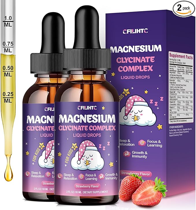 2 Pack Magnesium Glycinate Liquid for Kids - Magnesium Bisglycinate Drops with L-Theanine, Chamomile & Vitamin B6, B12, C, D3 for Sleep, Relaxation, Immune Support, Calm & Focus - 4 Fl Oz, Strawberry