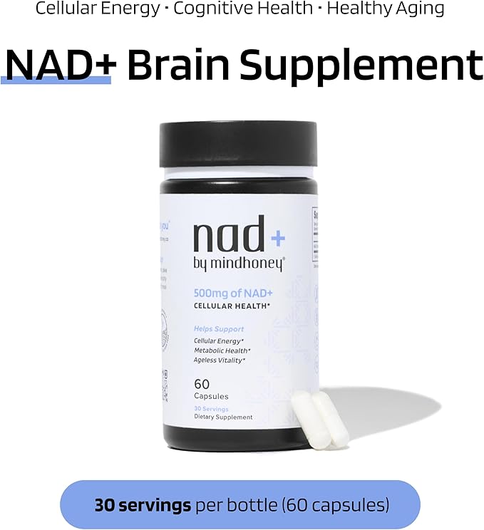 MINDHONEY | NAD+ Brain Supplement | 500mg NAD+ Premium Formula | Healthy Anti-Aging, Cellular Energy, Cognition, Metabolic Health, Heart + Muscle Support | Vegan, Non-GMO, Gluten-Free | 30 Servings