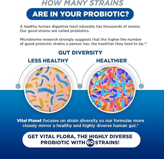 Vital Planet - Vital Flora Probiotics for Women Over 55 Daily Shelf Stable Probiotic 60 Billion CFU, 60 Diverse Strains, 7 Organic Prebiotics, Immune Support and Digestive Health 30 Capsules