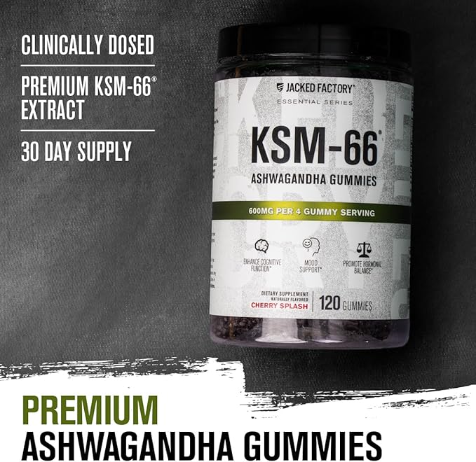 Jacked Factory Ashwagandha Gummies - KSM 66 Ashwagandha Gummies (600mg Per Serving) - Enhance Cognitive Function, Boost Mood, and Promote Hormonal Balance - 120 Gummies, Cherry Splash