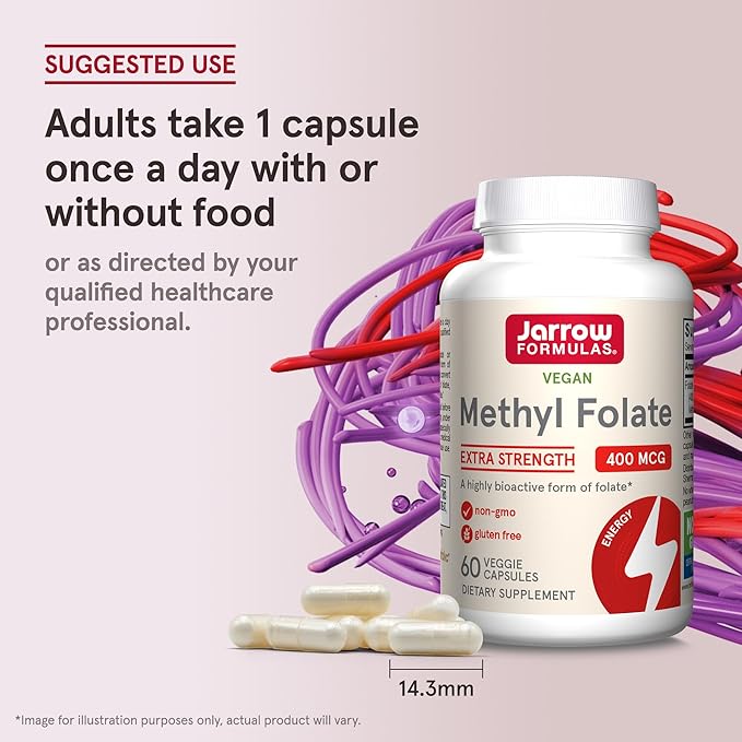 Jarrow Formulas Extra Strength Methyl Folate 400 mcg, Dietary Supplement for Cardiovascular and Neurologic Health Support, 60 Veggie Capsules, 60 Day Supply