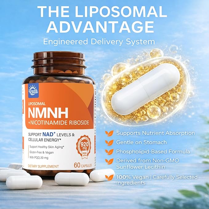 Sunshine & Rain Steady Energy Without Caffeine Crashes – Liposomal NMNH + NR + PQQ NAD⁺ Support Capsules for Cellular Energy, Focus & Healthy Aging | 180 Capsules