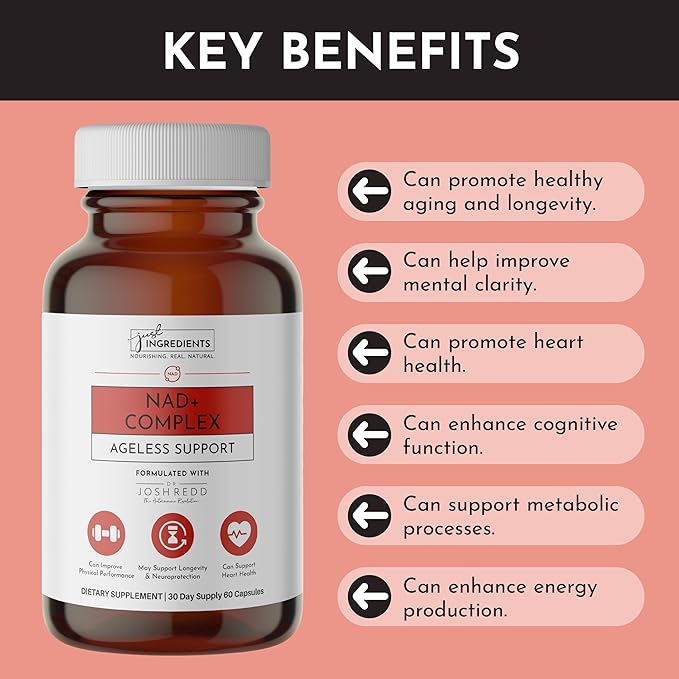 JUST INGREDIENTS NAD+ Supplement – 60 Capsules – Supports Cellular Energy, Healthy Aging, Mitochondrial Function & DNA Repair – with Nicotinamide Riboside, Resveratrol, Beet Root & NAD3® Complex