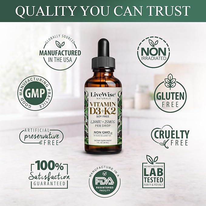 Vitamin D3 K2 Drops for Adults - 930 Drops, Ultra Concentrated Formulation, Fast Absorption 1208 IU Vitamin D3, 25 MCG (MK-7) - Micro-Dosing Dropper for Calcium & Bone Support