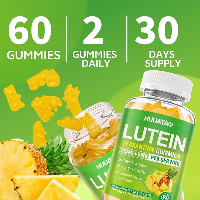 Lutein Gummies 25mg, Lutein and Zeaxanthin Supplements Eye Vitamins Gummies for Support Blue Light Protection, Vision & Overall Eye Health, Sugar Free, Pineapple Flavor, 60 Count