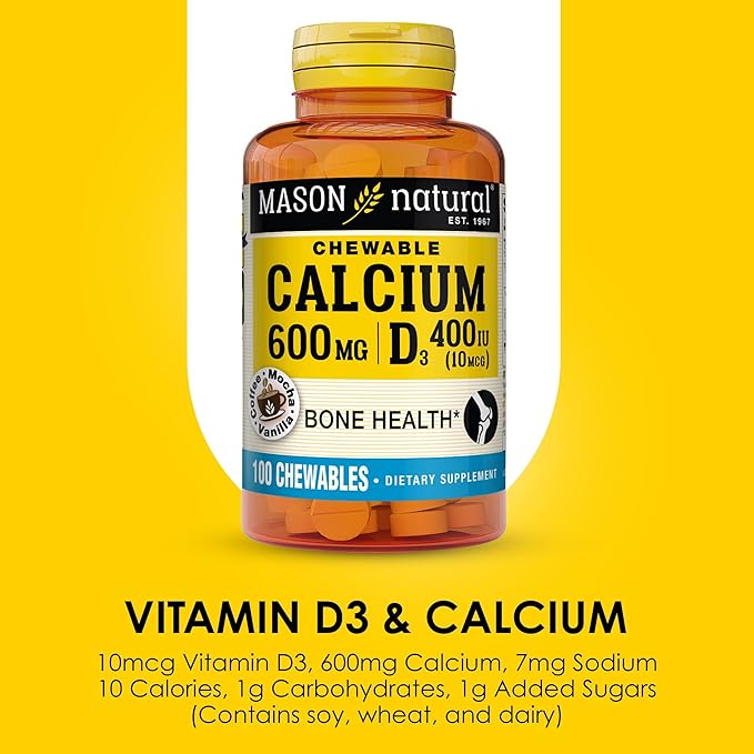 MASON NATURAL Calcium 600 mg with Vitamin D3, 100 Day Supply, Supports Healthy Bones & Normal Muscle Function, Coffee Mocha Flavor, 100 Chewables