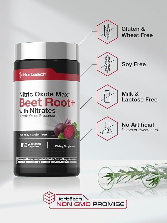 Horbäach Nitric Oxide Beet Root Capsules | 180 Count | with Nitrates and Precursor | for Men and Women | Vegetarian, Non-GMO, Gluten Free Supplement