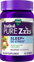 ZzzQuil PURE Zzzs De-Stress Melatonin Sleep Aid Gummies, Helps Calm Your Mind and Body, Ashwagandha for Stress Support, Sleep Aids for Adults, 1 mg per gummy, 42 Count