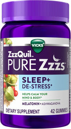 ZzzQuil PURE Zzzs De-Stress Melatonin Sleep Aid Gummies, Helps Calm Your Mind and Body, Ashwagandha for Stress Support, Sleep Aids for Adults, 1 mg per gummy, 42 Count