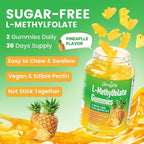 2 Pack L-Methylfolate 15 mg Gummies with Methyl B12, Methylated B1, B2, B6, Active 5-MTHF & High Absorption - Supports Brain Health & Immune System, Pineapple Flavor, 120 Count