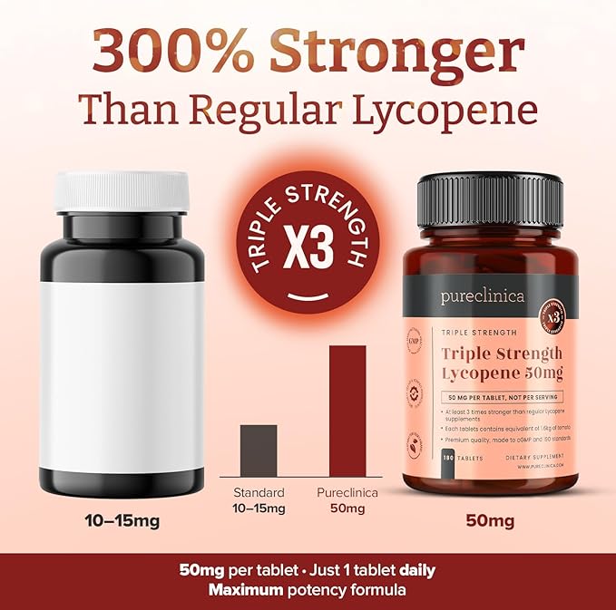 pureclinica Lycopene 50mg x 180 Tablets (6 Months Supply). 300% Strength of Regular Lycopene Tablets
