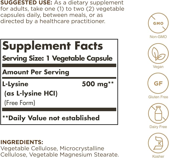 Solgar - L-Lysine 500 mg Vegetable Capsules Count
