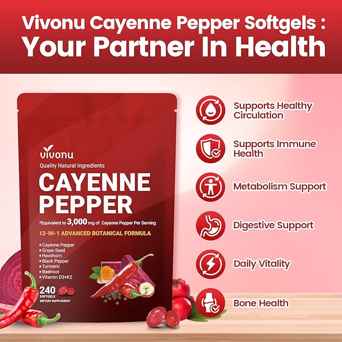 VivoNu Cayenne Pepper Softgels Supplement, Supports Leg Vein, Heart and Blood Vessel Health, with Vitamin E D3+K2 and Extracts of Grape Seed, Hawthorn, Beetroot and Others
