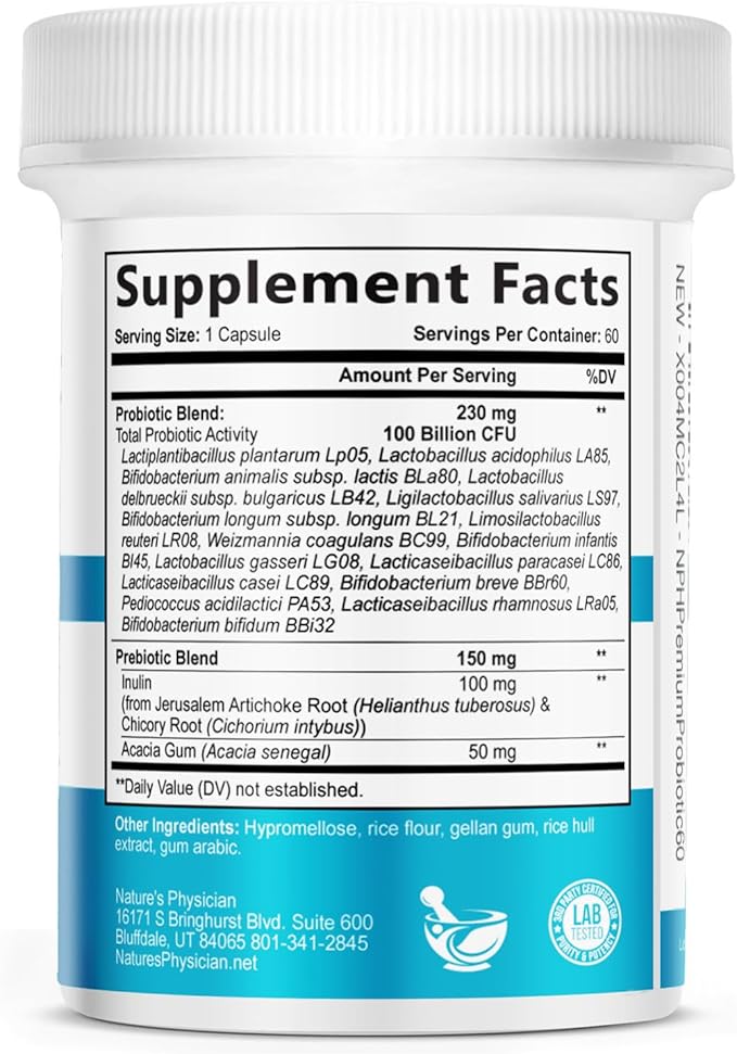Nature's Physician Probiotics - 100 Billion CFU Per Capsule - 16 Strains + Prebiotics - Best Probiotic Supplement for Women & Men - Supports Immune, Digestive Health, Constipation & Gas - 60 Capsules