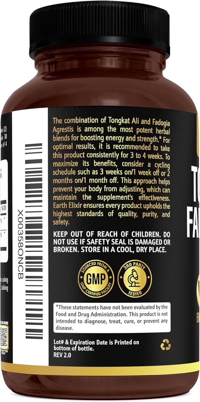 Earth Elixir Fadogia Agrestis & Tongkat Ali for Men & Woman – Natural Testosterone Supplement for Men - Made in USA & 3rd Party Tested – Strength, Energy & Vitality - Longjack – 3 Month Supply
