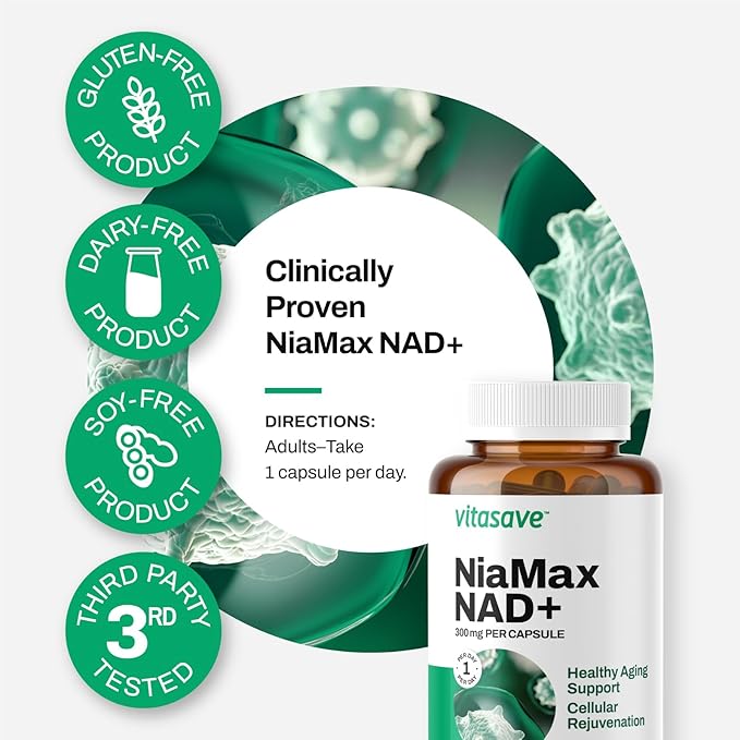 Vitasave NiaMax NAD+ Supplement – 300mg Niacinamide Riboside per Capsule – High-Potency NAD+ Precursor for Energy, Healthy Aging & Metabolic Function – Vegan, Non-GMO, Gluten-Free (90 Capsules)