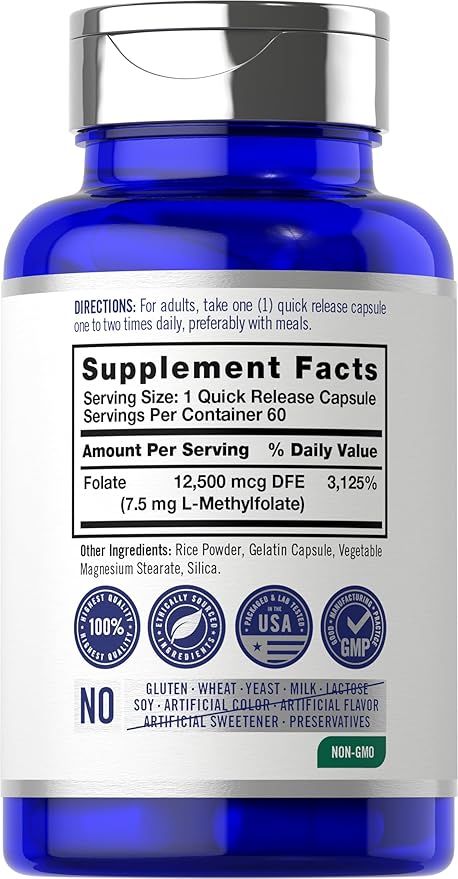 Carlyle L Methylfolate 7.5 mg | 60 Capsules | Optimized and Activated | Non-GMO, Gluten Free | Methyl Folate, 5-MTHF | by Opti-Folate