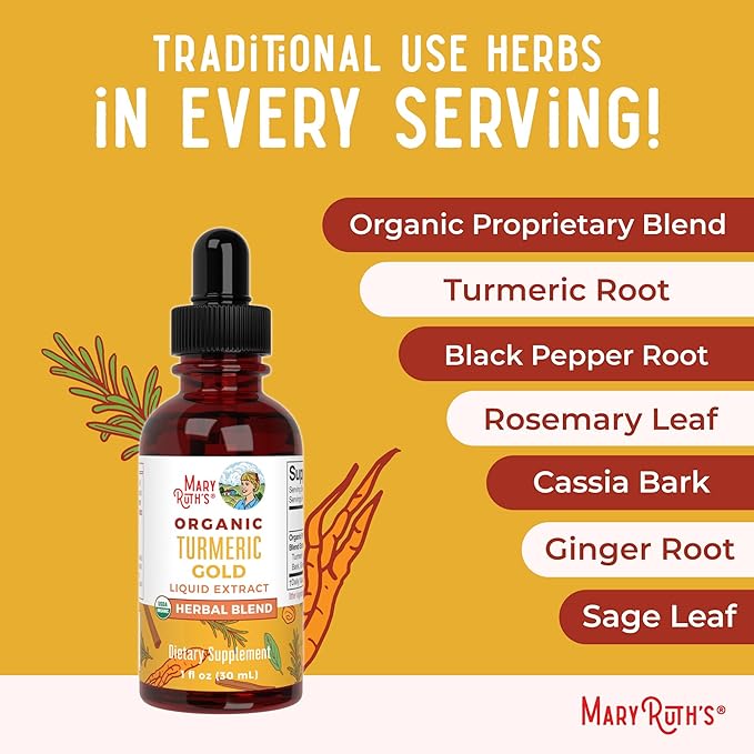 MARYRUTH'S Organics USDA Turmeric Gold Liquid Drops | Herbal Blend | Turmeric Curcumin | Black Pepper | Cassia Cinnamon Bark | Ginger Root | Immune Support | Non-GMO Project Verified | Vegan | 1oz