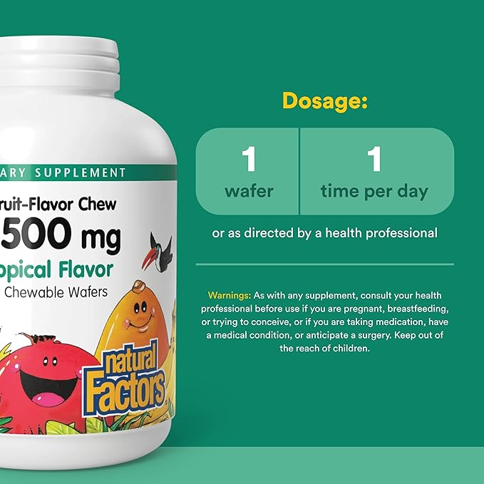 Natural Factors Vitamin C 500 mg - Cell Growth & Immune Health Support Supplement for Kids - Vitamin C for Antioxidant & Bone Support - Tropical Flavor - 90 Chewable Wafers (90 Servings)