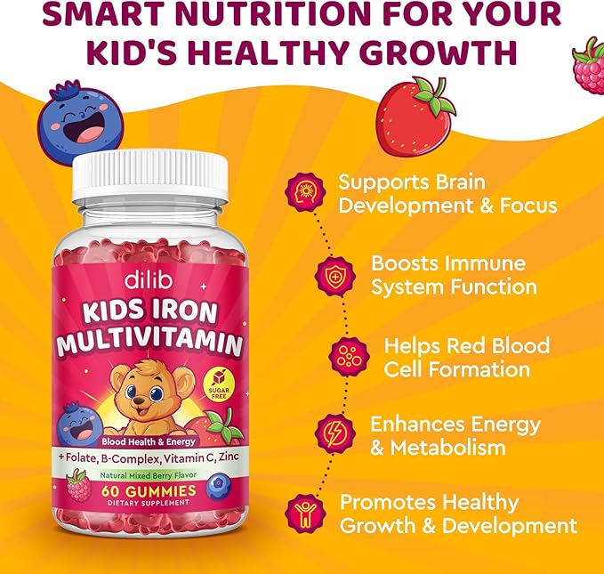 Iron Supplement Gummies for Kids, Kids Multivitamin with Iron Gummies - Zinc, Vitamin B Complex, A, C, D3, B12, Folate for Blood Builder & Energy Support, Iron Deficiency, Vegan Mixed Berry 60ct