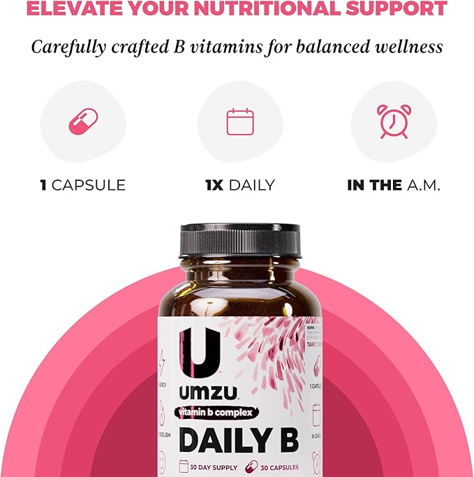 UMZU Daily B, 30 Day Supply – Complete Vitamin B Complex Supplement Blend with B1, B2, B3, B5, B6, B7, B9 & B12 Plus Folic Acid & Biotin – Supports Energy, Focus, Mood, Metabolism & Overall Wellness