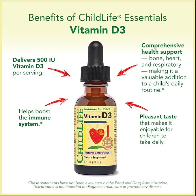 CHILDLIFE ESSENTIALS Vitamin D3 Drops for Kids, Children, & Toddlers - Liquid Vitamin D Drops, 500 IU per Drop, Immune & Bone Health Support, Natural Berry - 1 Fl Oz (Pack of 1)