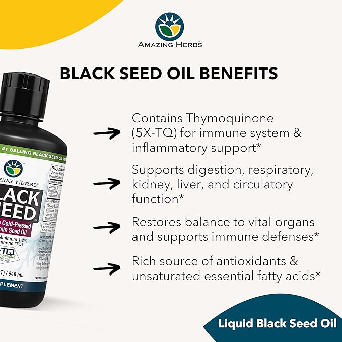 Amazing Herbs Premium Black Seed Oil - Cold Pressed Nigella Sativa Aids in Digestive Health, Immune Support, Brain Function, Joint Mobility, Gluten Free, Non GMO - 32 Fl Oz (Pack of 2)