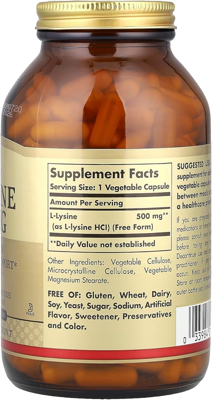 Solgar L-Lysine 500 mg, 250 Vegetable Capsules - Enhanced Absorption & Assimilation - Promotes Integrity of Skin & Lips - Collagen Support - Amino Acids - Non-GMO, Vegan, Gluten Free