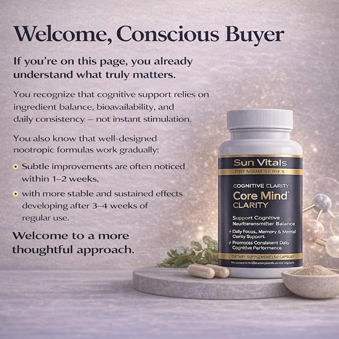 Sun Vitals Core Mind – Nootropic Brain Supplement for Focus, Memory & Mental Clarity | DMAE, Bacopa Monnieri, Phosphatidylserine & Huperzine A | Non-Stimulant, Caffeine-Free | 60 Capsules