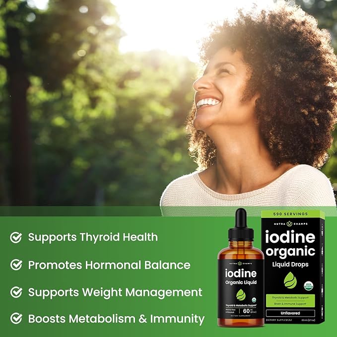 Organic Iodine Liquid Drops - 250 mcg Iodine Supplement for Women & Men - Potassium Iodide Solution 250 mcg - 590 Servings - Thyroid, Hormone & Metabolic Support - Non-GMO, Vegan
