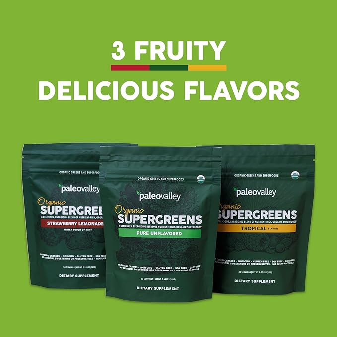 Paleovalley Organic Supergreens - Organic Greens Powder Superfood for Immune Support - Paleo Green Powder Blend - 30 Servings - 23 Superfoods - Gluten Free, No Cereal Grasses, Soy or Grain