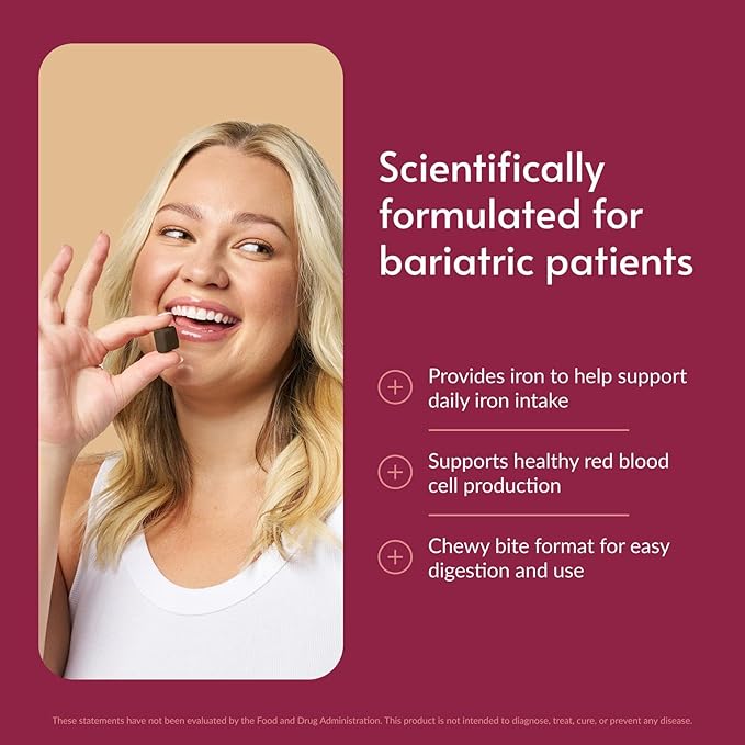 Bariatric Advantage Iron 30 mg Chewy Bite with Vitamin C - for Bariatric Patients - Sugar-Free - Chocolate Raspberry - 30 Count