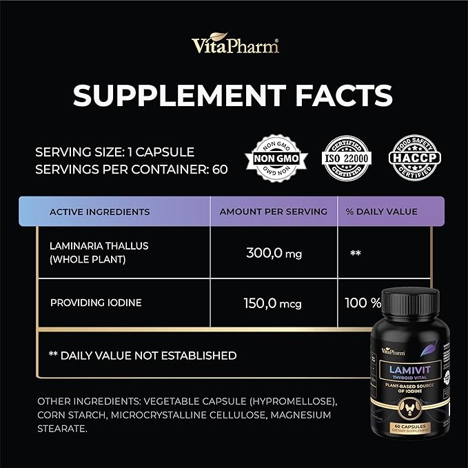 LAMIVIT Plant-Based Iodine Supplement for Thyroid Support – Natural Sea Kelp (Laminaria) Iodine Source – 150 mcg Iodine per Capsule – Non-GMO, Vegan, Made in EU – 60 Capsules